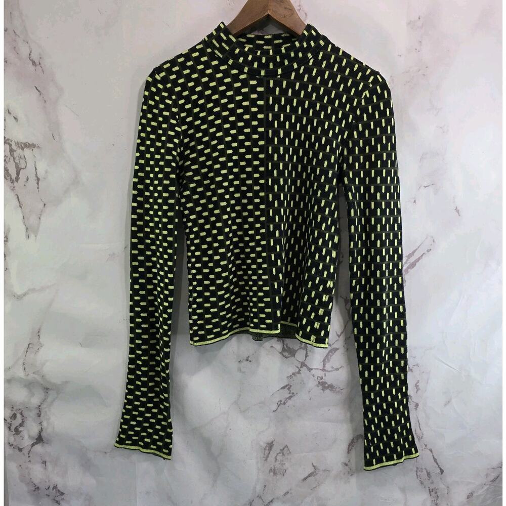 Anthropologie Sweater Womens Small Black Green Neon Flared Sleeve Mock Arthur